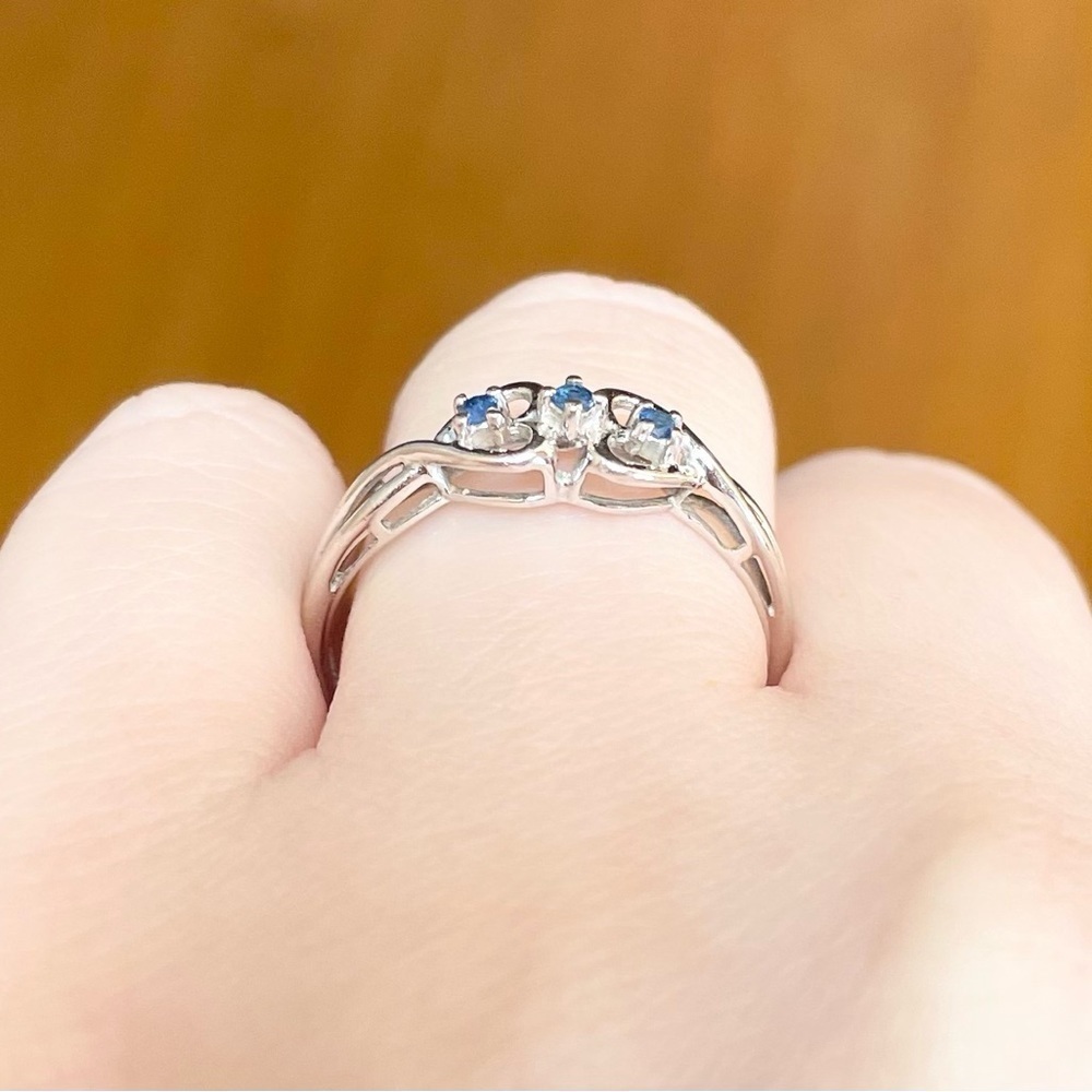 14k solid white gold filigree blue sapphire triplet double heart stateme… - Picture 8 of 9